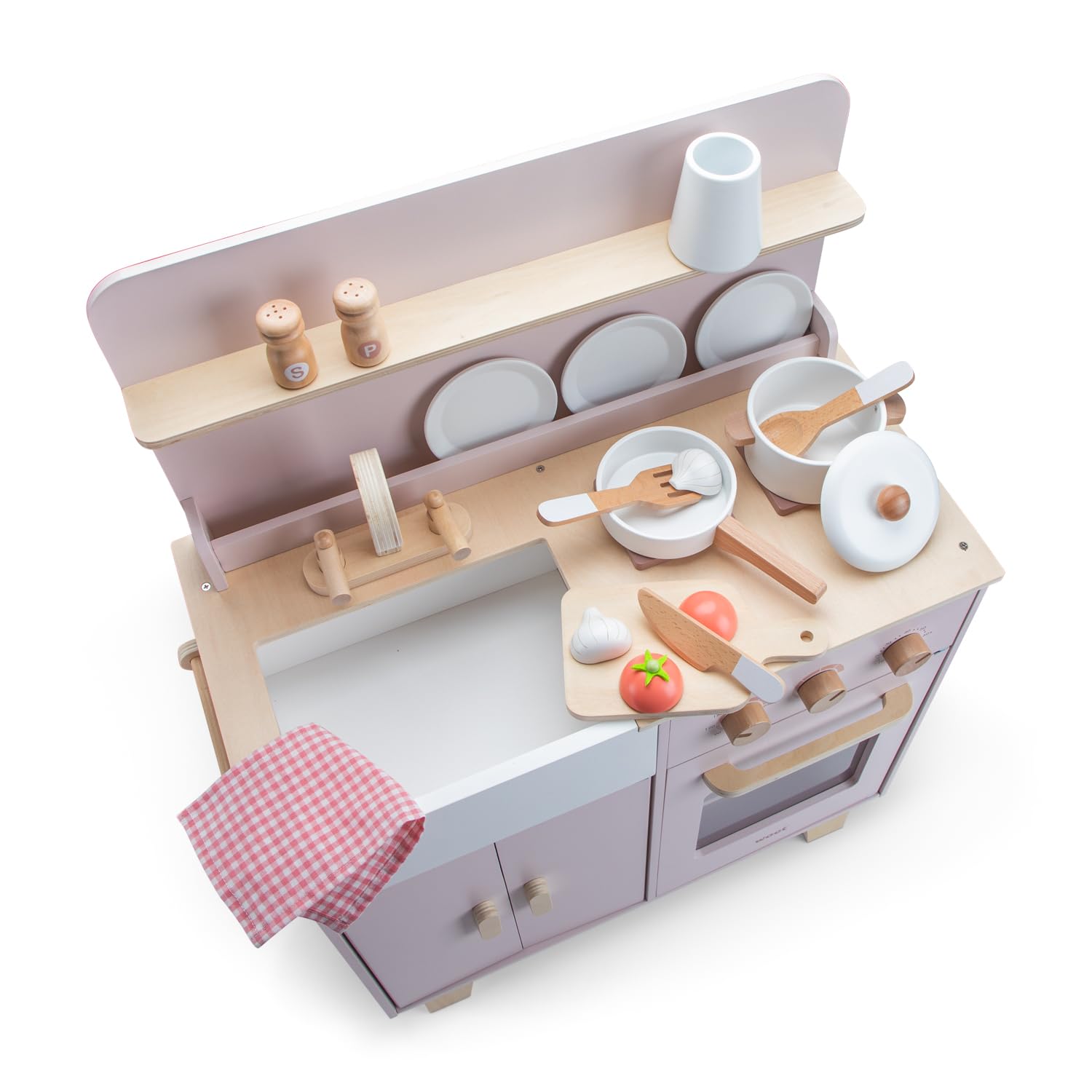 Woet® Cocina de Juguevo en Madera Beige para Niños - con Horno, Fregadero y Accesorios - Set de Cocina de Imitación - A Partir de 3 Años (Rosa)