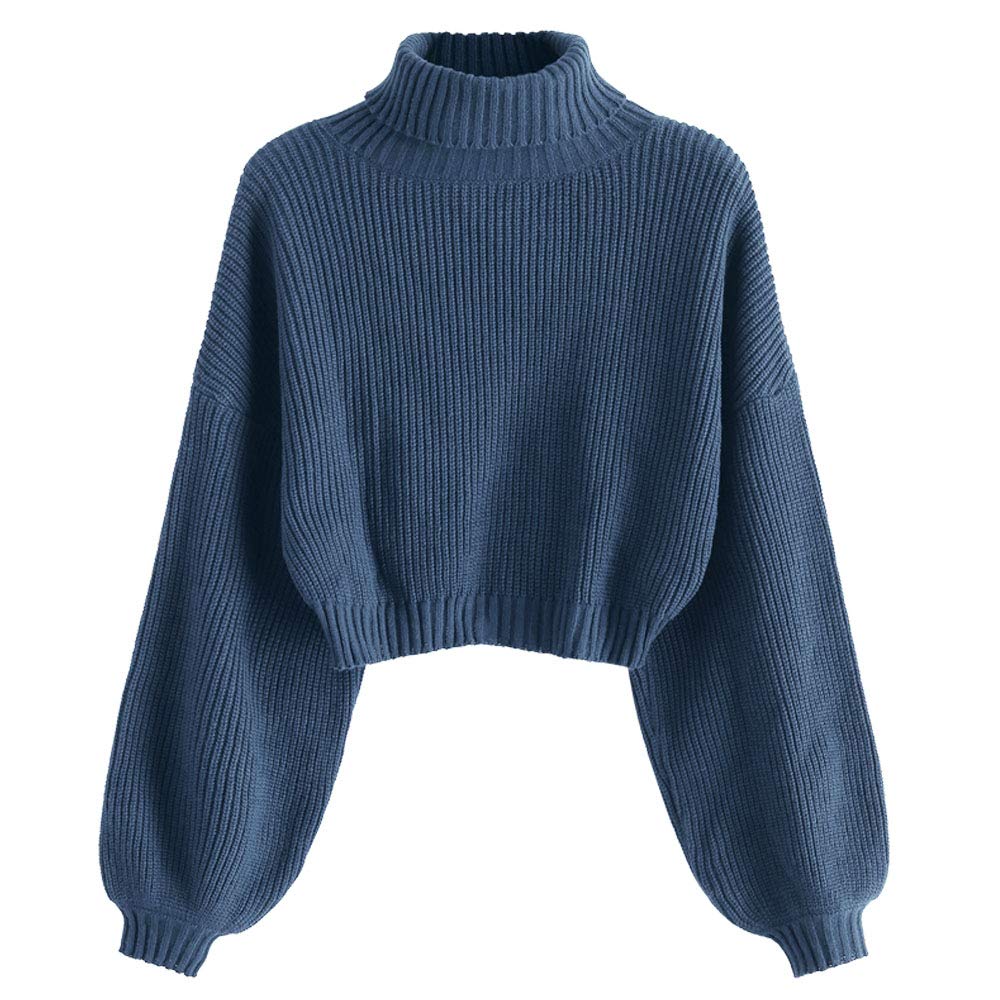 ZAFUL Elegante gebreide trui cropped met rolkraag pullover dames lange mouwen drop shoulder korte trui jumper sweater bovenstuk met geribbelde structuur voor herfst winter, 1-grijs, L