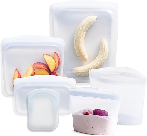 Stasher Bolsas de almacenamiento de alimentos reutilizables de silicona premium, paquete de 6, transparentes, bolsas de almacenamiento de alimentos