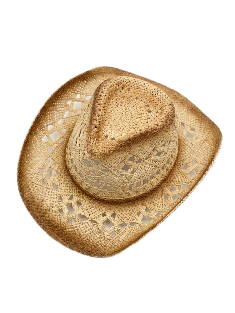 Cappello da Cowboy in Paglia Colore Naturale Beige Chiaro per Donna e Uomo - Cappello Western Estivo Traforato a Tesa Larga per Spiaggia e Viaggi V024