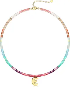 Beaded Initial Necklaces for Women Teen Girl Gifts Trendy Stuff Colorful Gemstone Choker Necklace with Bubble A-Z Stocking Stuffers for Teens Christmas Gifts for Her Birthday Summer Beach Jewelry for Daughter Sister Friend