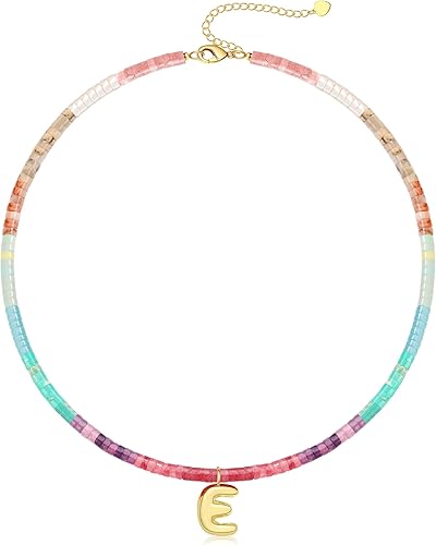 Beaded Initial Necklaces for Women Teen Girl Gifts Trendy Stuff Colorful Gemstone Choker Necklace with Bubble A-Z Stocking Stuffers for Teens Christmas Gifts for Her Birthday Summer Beach Jewelry for Daughter Sister Friend