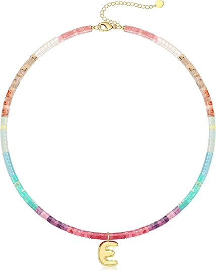 Beaded Initial Necklaces for Women Teen Girl Gifts Trendy Stuff Colorful Gemstone Choker Necklace with Bubble A-Z Stocking Stuffers for Teens Christmas Gifts for Her Birthday Summer Beach Jewelry for Daughter Sister Friend