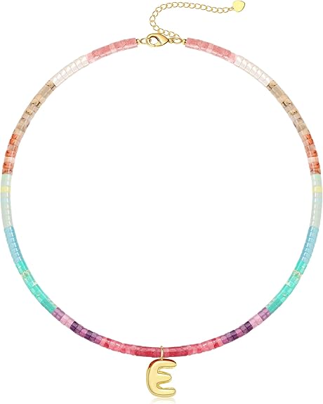 Beaded Initial Necklaces for Women Teen Girl Gifts Trendy Stuff Colorful Gemstone Choker Necklace with Bubble A-Z Stocking Stuffers for Teens Christmas Gifts for Her Birthday Summer Beach Jewelry for Daughter Sister Friend