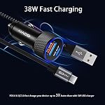 USB C Chargeur de voiture, 38W 2-Port Adaptateur de chargeur de voiture rapide en métal, adaptateur d'éclairage de cigarette PD3.0 20W QC3.0 18W, USB-C et USB Un port compatible avec iPhone Téléphone et tablette Android(Noir)