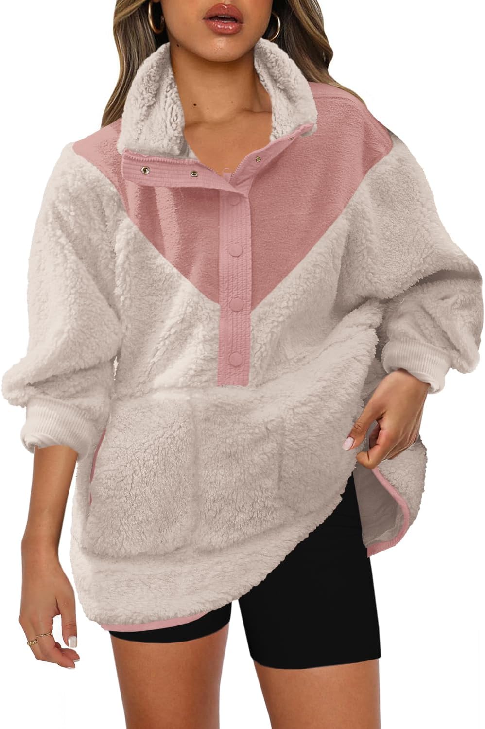 Panadila Womens Half Snap Fleece Pullover Oversized Fuzzy Sweatshirt with Pockets Trendy Warm Sherpa Sweater - Image 3