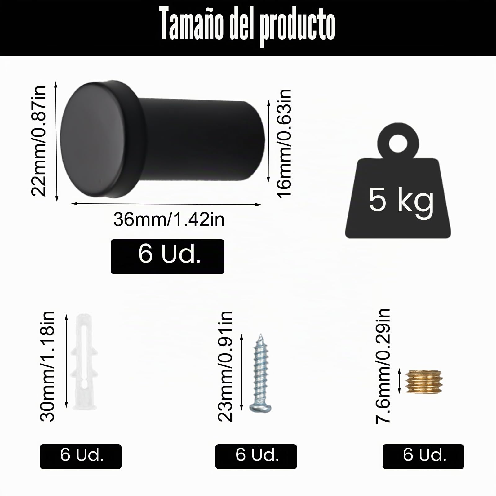 6 Piezas Gancho Pared Negro Círculo Colgador Toalla Baño, Percha Baño Acero Inoxidable 36mm, Colgador Pared Tornillo Perchas Cuelga Toallas Baño Ganchos para Abrigo Bata, Gancho Ropa con Tornillos