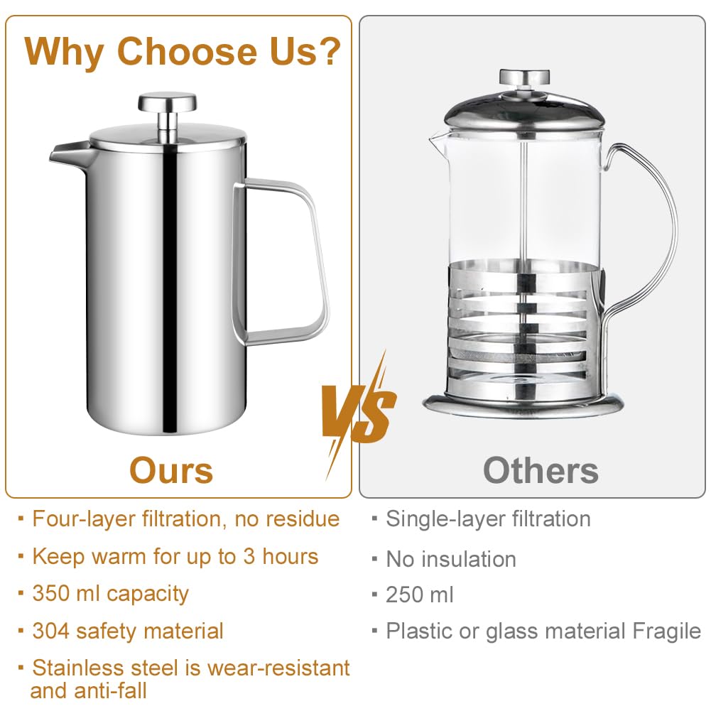 HOTUT French Press, 350ml Caffettiera Francese in Acciaio Inox, Caffettiera Pistone Filtro con 2 Fltri e Cucchiaio, Funzione Termica, Americano Macchina per Caffè o Tè, per 3 Tazze