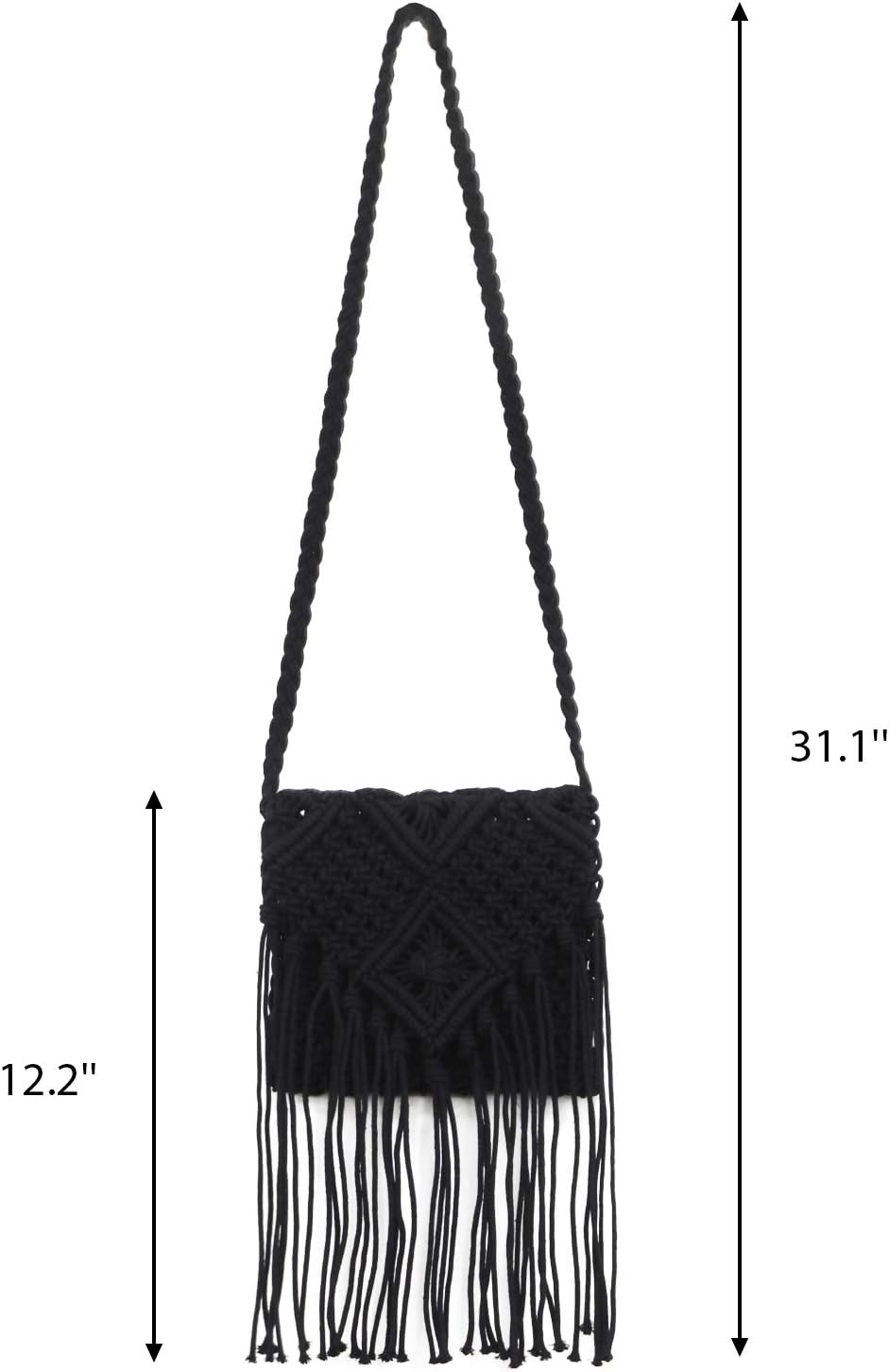 Women's Crochet Square Crossbody Bag Hand-Woven Boho Tassels Summer Beach Cotton Messenger Shoulder Bag with Zipper (Black)