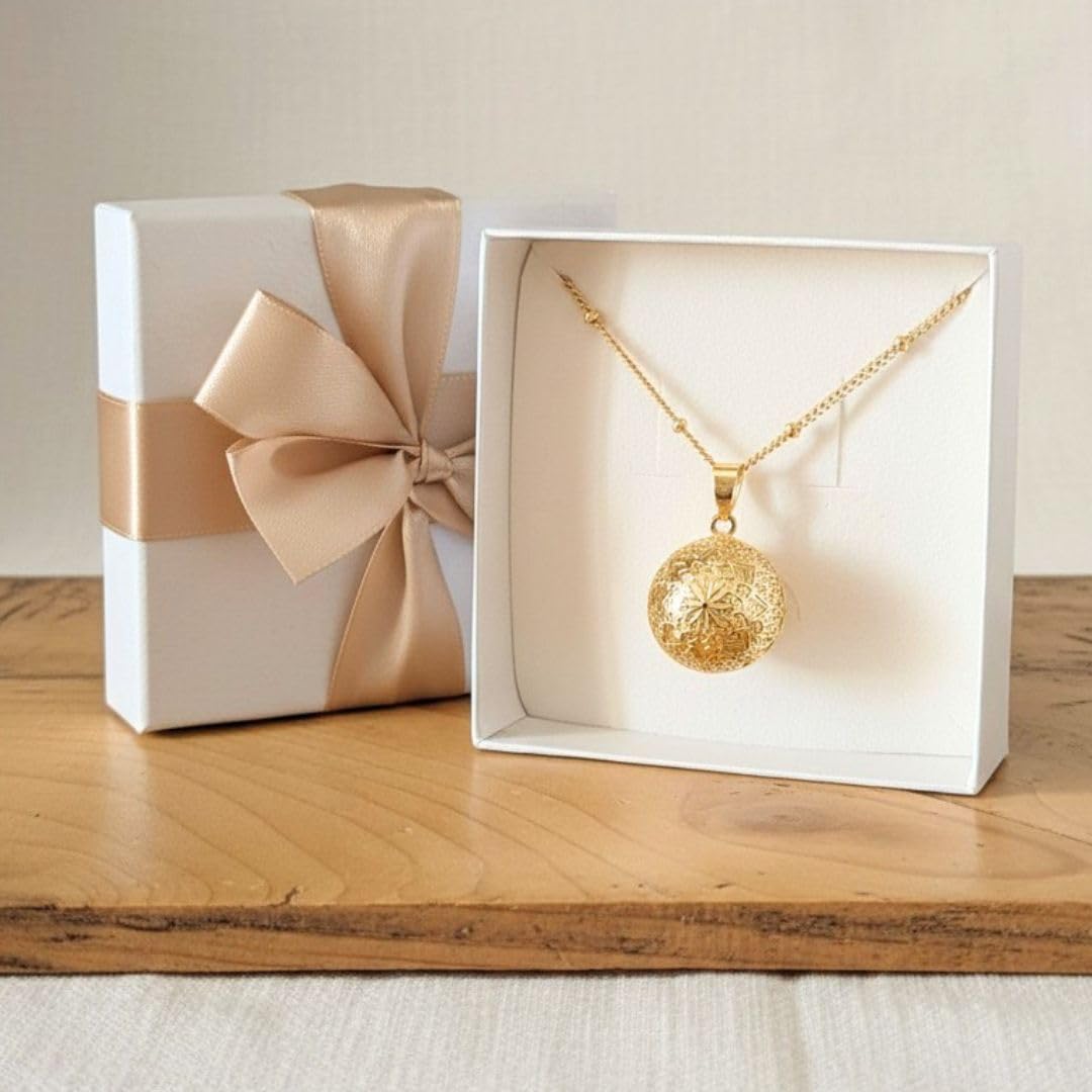 Bola de grossesse fleur de vie - Bola grossesse fleur - Collier bola grossesse or doré 18 carats et chaine bola en acier inoxydable maille satellite - Bola grossesse mandala or - Cadeau femme enceinte