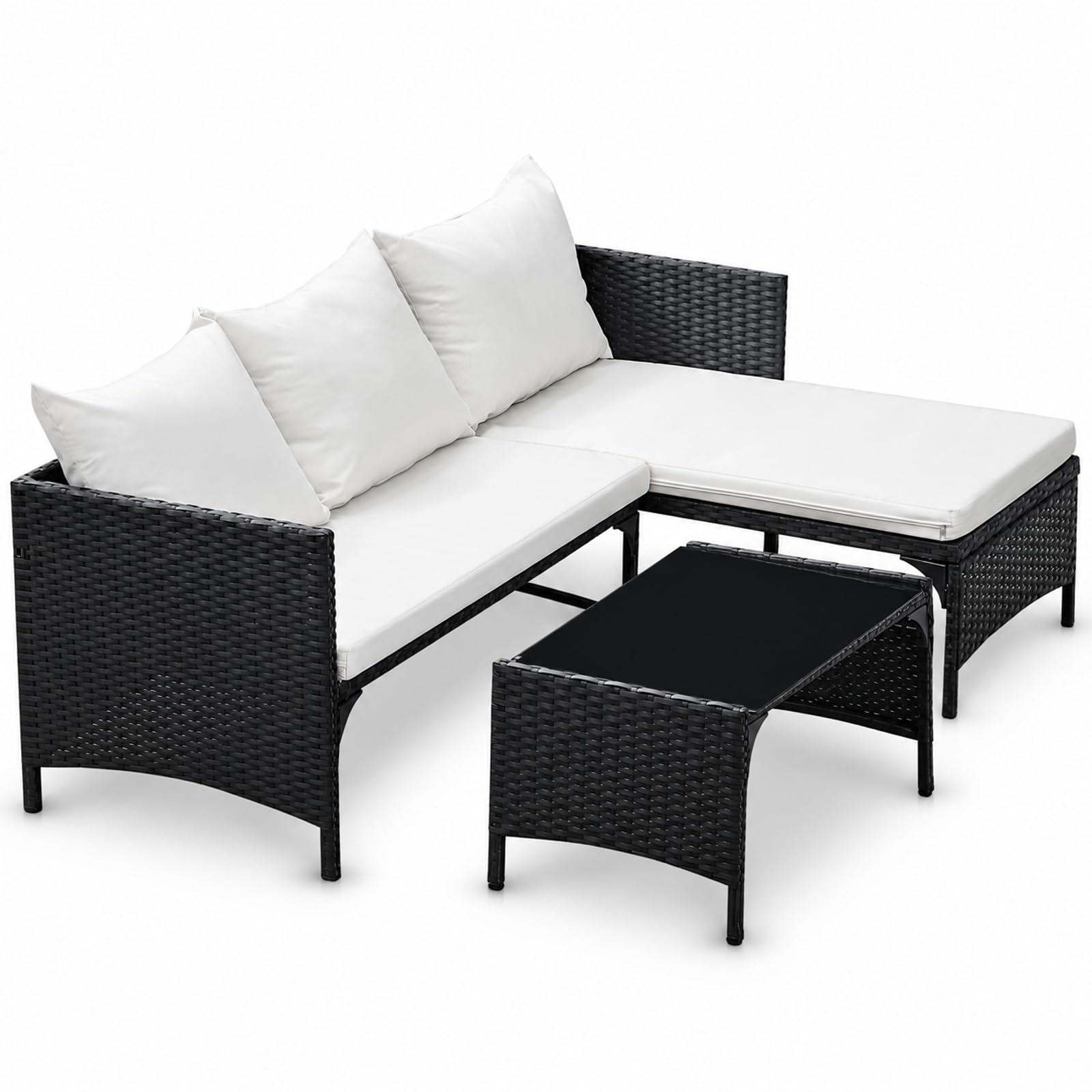 BSTSEL 3 Seater Rattan Garden Furniture Set with Cushions, L-Shaped Outdoor Rattan Corner Sofa with Glass Coffee Table, Metal Frame Outdoor Furniture Set for Patio Conservatory Garden, Black & White