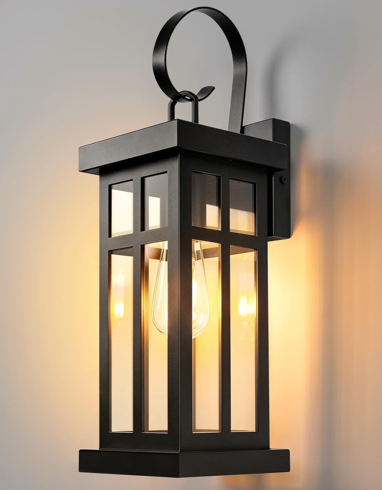 OUTON Outdoor Wall Light Mains Powered, Large Modern Farmhouse Wall Lantern with ST58 LED Bulb Included, Premium Metal & Tempered Glass, E27,Rust Resistant Porch Light for Front Door, Garage & Patio