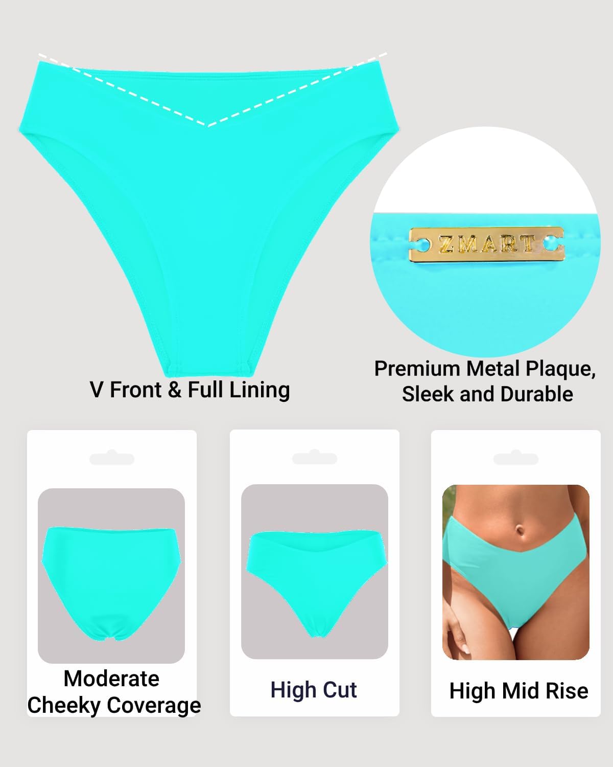 Zmart Women V Cut Cheeky Bikini Bottoms - Mid Waist High Cut Swim Bathing Suit Bottoms V Front Swimsuit - Image 4