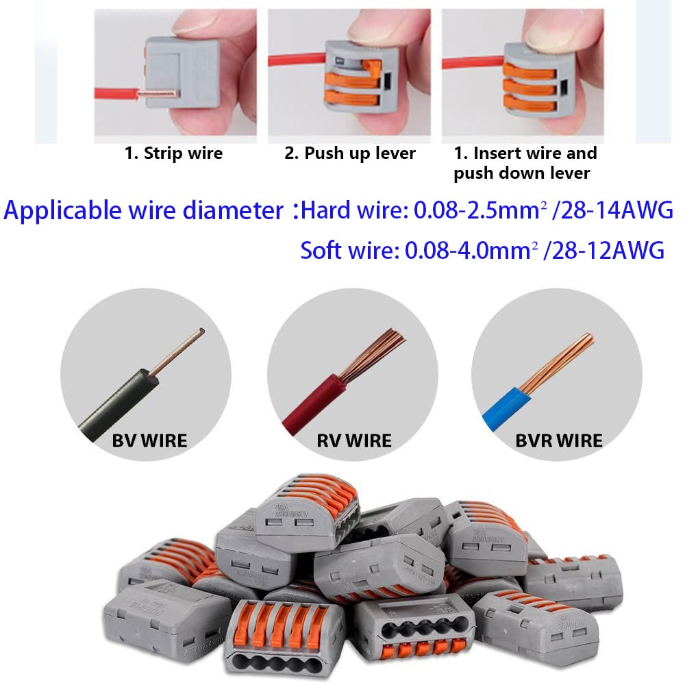 Conectores Electricos, CESFONJER 35 Pcs Bloque Terminales, Conectores de Cable Compacto con Palanca de Empuje con Resorte (15 pcs 2 puertos/10 pcs 3 puertos/6 pcs 4 puertos/4 pcs 5 puertos)