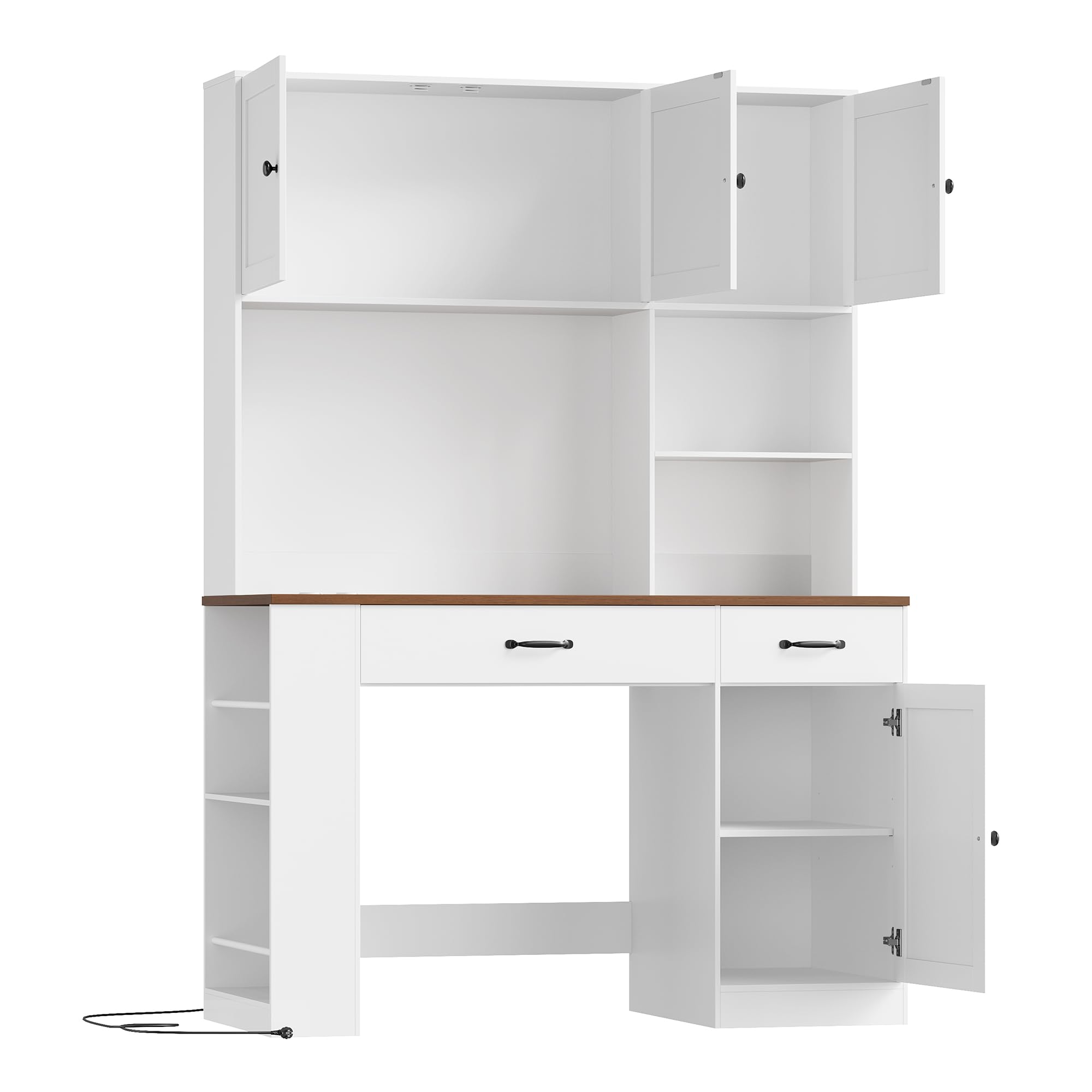 FirFurd 180cm Scrivania con Cassetti, Scrivania Gaming con Luci a LED e Prese, Scrivanie con 3 Ante, con Libreria a 2 Ripiani, Ripiani Regolabile, per Studio, Ufficio, Cameretta, 120x50x180cm, Bianco