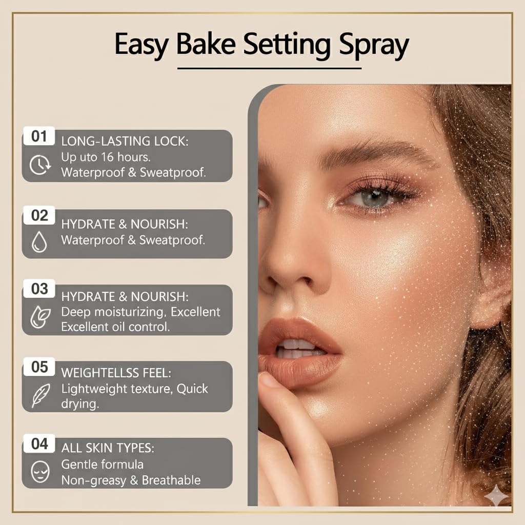 Easy Bake Setting Spray, Waterproof & Oil-Control Pore Smoothing Vegan Skin Care, 16H Long-Lasting, Sweatproof Formula for Matte Finish Makeup Sealant, 100ml