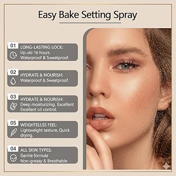 Easy Bake Setting Spray, Waterproof & Oil-Control Pore Smoothing Vegan Skin Care, 16H Long-Lasting, Sweatproof Formula for Matte Finish Makeup Sealant, 100ml