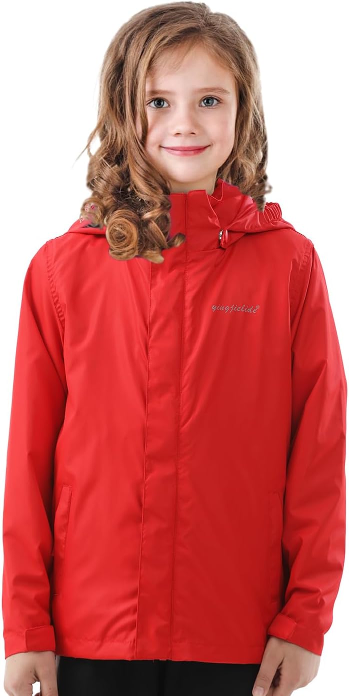 YINGJIELIDE Boys Girls Waterproof Rain Jackets Kids Easy to Fold Windbreaker Lightweight Breathable Hooded Raincoat