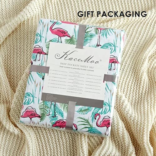 Cal King Size Bed Sheets Set 4Pc - Soft Cooling 1800 Thread Count Microfiber Printed Sheet, 8 - 17" Deep Pocket Breathes Better, Hypoallergenic, Wrinkle Free, Flamingo Plants Patterned Double Bedding #TOP6