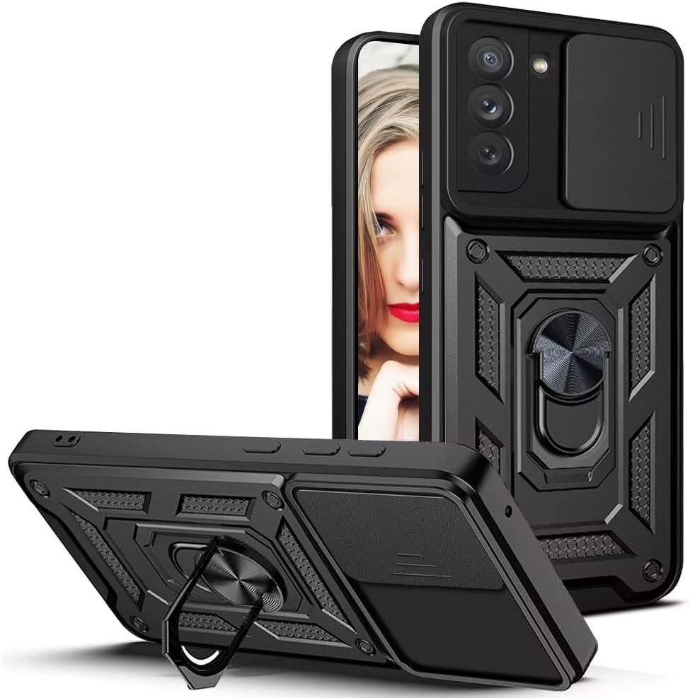 Mobile Phone Case for Samsung Galaxy S22 5G Case Double Layer Shock Absorption Camera Slider Rotating Ring Stand Military Grade Shockproof Case Protective Case for Samsung Galaxy S22 5G