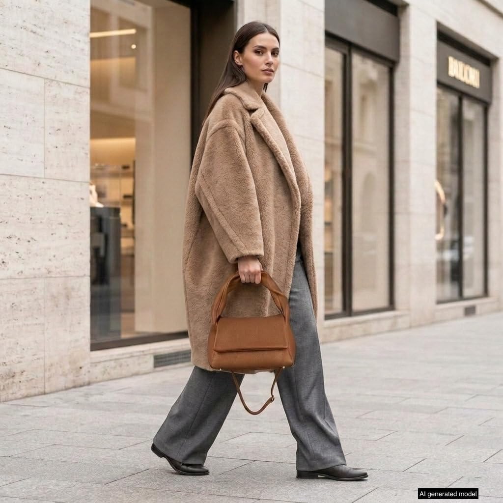 Italian Calf Leather Top-Handle Bag for Women with Zipper Magnetic Flap & Twisted Handle | Crossbody Shoulder Purse (Brown)