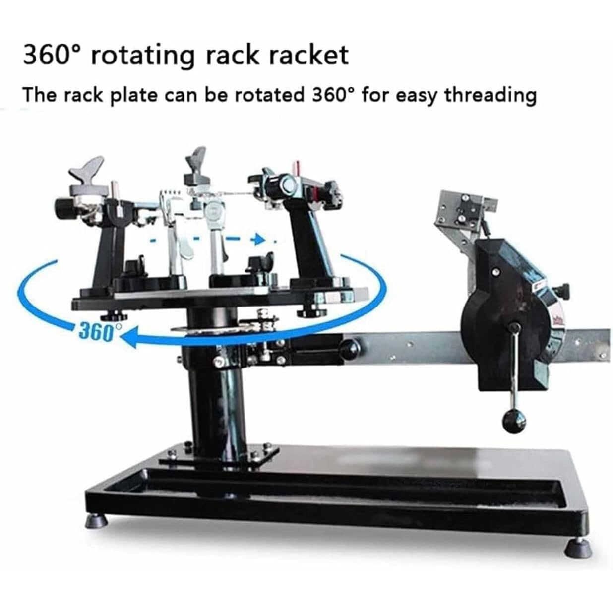 Incordatrice per racchette con 6 punti di fissaggio, piattaforma girevole a 360°, doppia scala kg/lb, forza di trazione da 9 a 100 libbre per un funzionamento facile e una corda efficiente