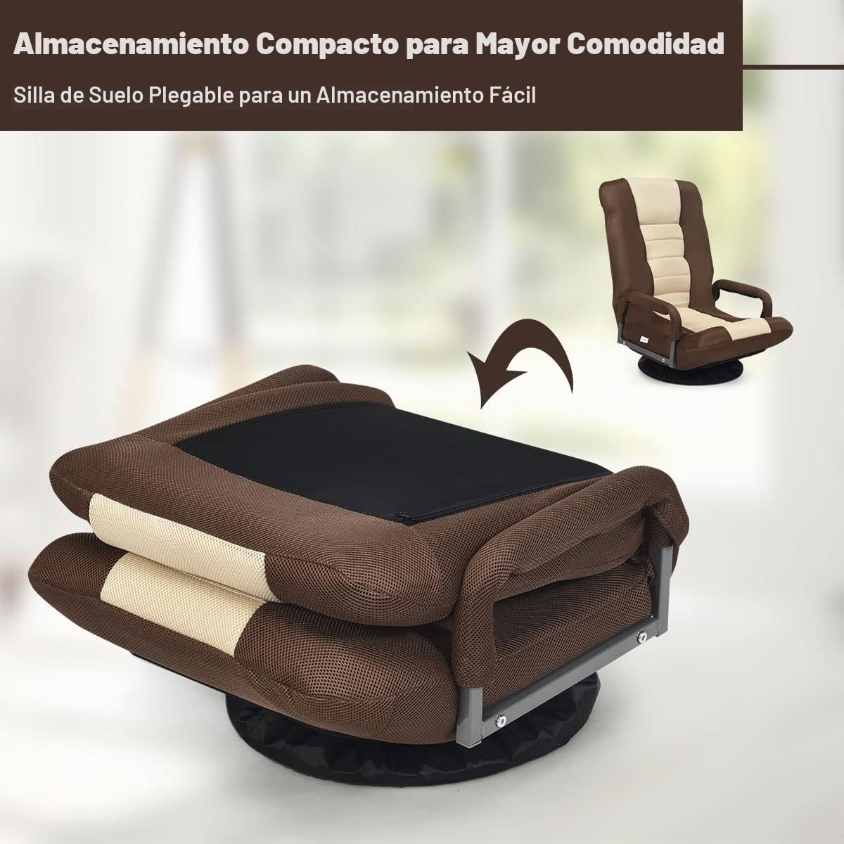 GOPLUS Sillón Relax Plegable Giratorio 360° | Silla Perezosa con Respaldo Ajustable en 5 Posiciones, Reposabrazos, 85 x 75 x 55 cm, Carga 120 kg (Marrón)