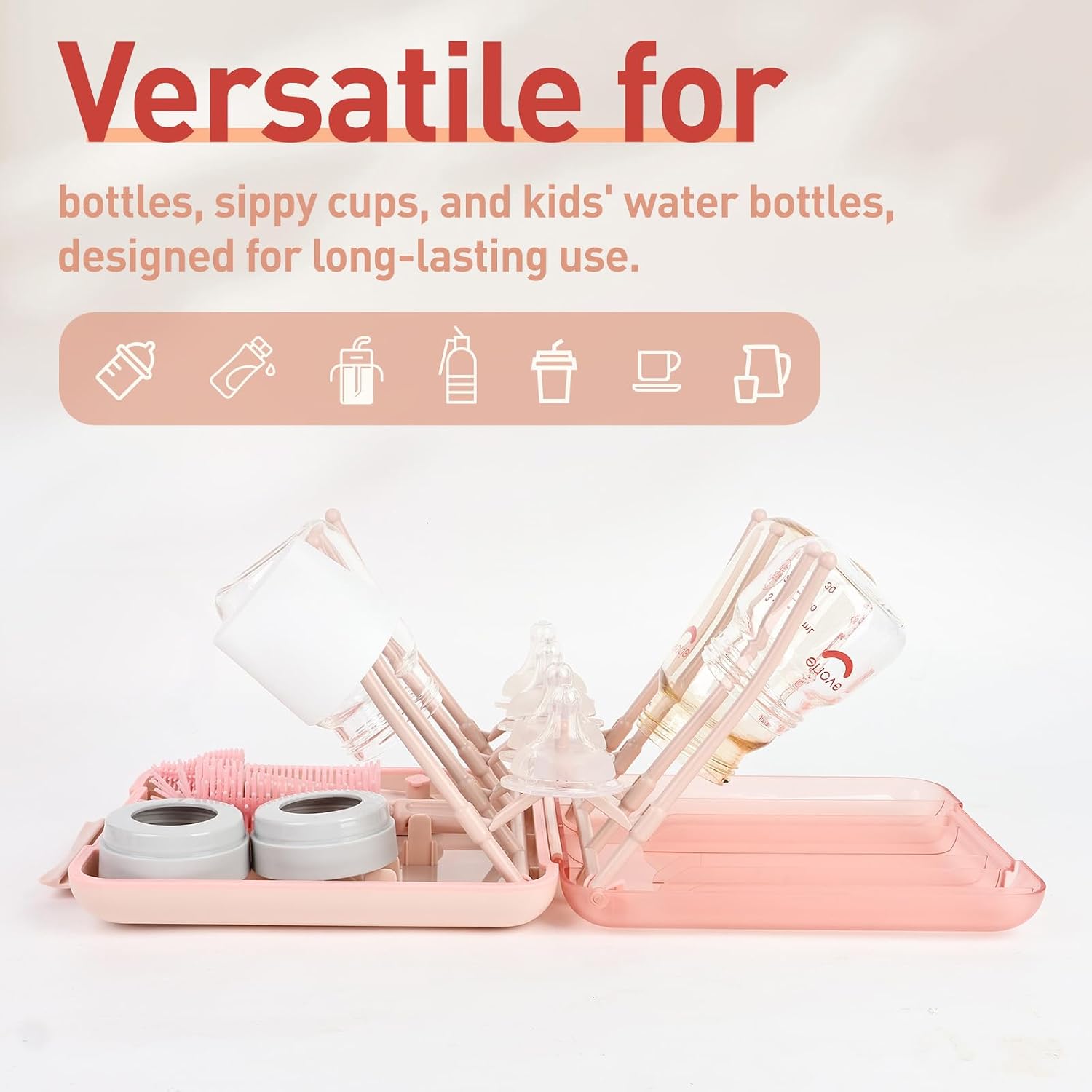 Baby Bottle Brush Set, 6-in-1 Travel Bottle Cleaner Kit with Silicone Bottle Brush, Nipple & Straw Brush, Soap Dispenser, Drying Rack, Storage Box – Compact Baby Travel Essential for Home & On-The-Go