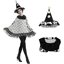 Scary Clown Costume Halloween Black and White Cape Fuzzy Poms Jester Hat Horror Movies Cosplay for Adult