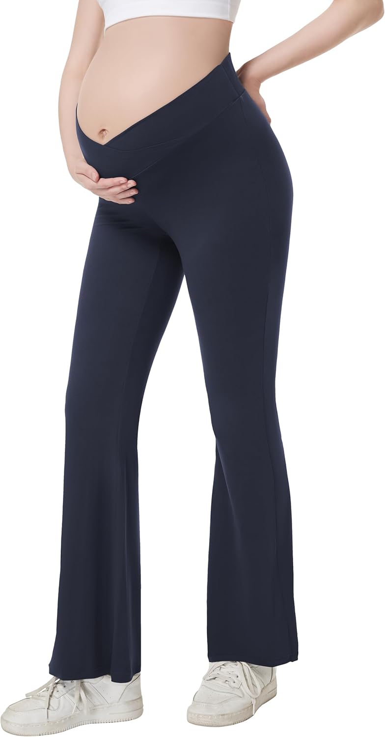 Foucome Maternity Flare Leggings Crossover Workout Yoga Pregnancy Pants Soft Stretchy Bootcut Bell Bottoms