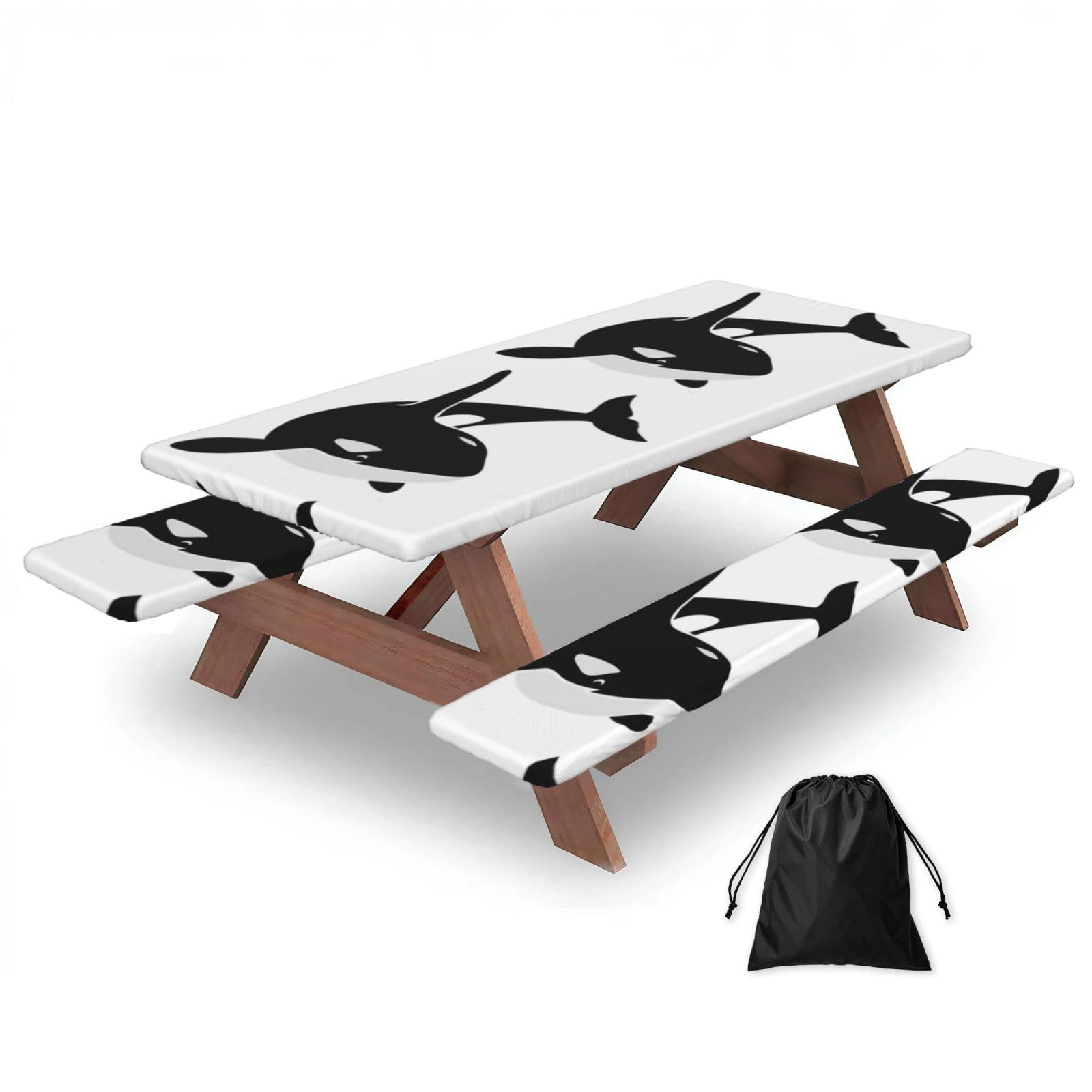 Zyjhyy Black Killer Whale Dolphin Ocean Print Party Table Covers With Bench Covers Set Of 3 Picnic Table Cloth Wipe Clean For Garden Camping