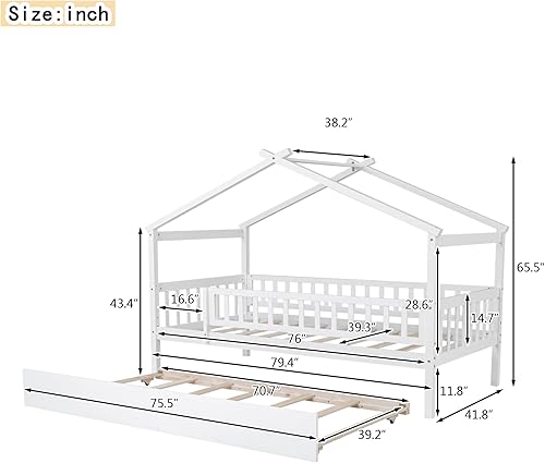 Miniatura 108 de Bellemave Cama de casa tamaño matrimonial con barandillas de valla, marco de cama de madera estilo Montessori para niños, divertidas camas de casa