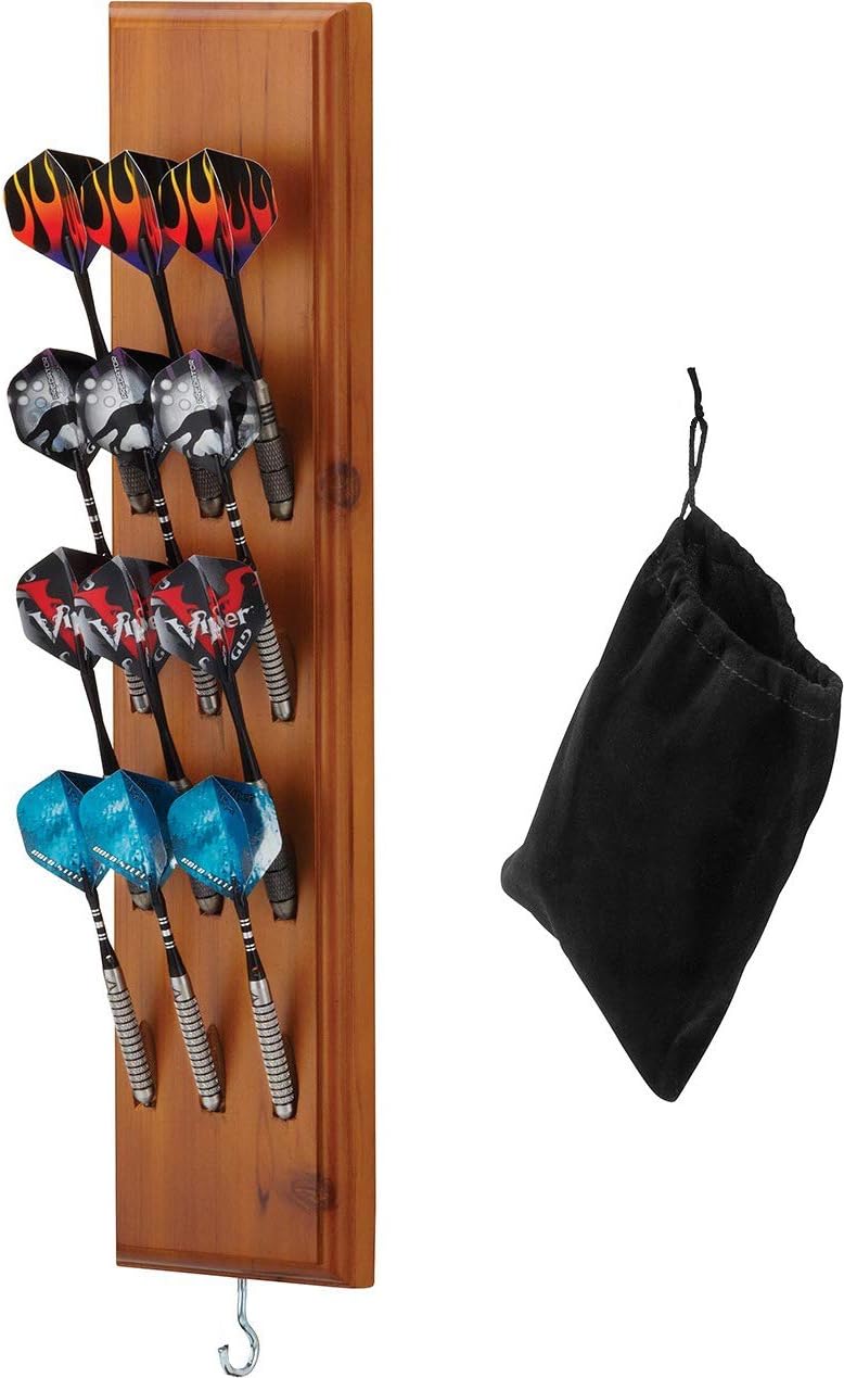 Viper Dart Caddy Solid Wood Wall Mounted Dart Holder/Stand with Accessory Storage Bag, Displays 4 Sets of Steel/Soft Tip Darts, Compatible with All Sisal & Electronic Dartboards, Surrounds & Cabinets