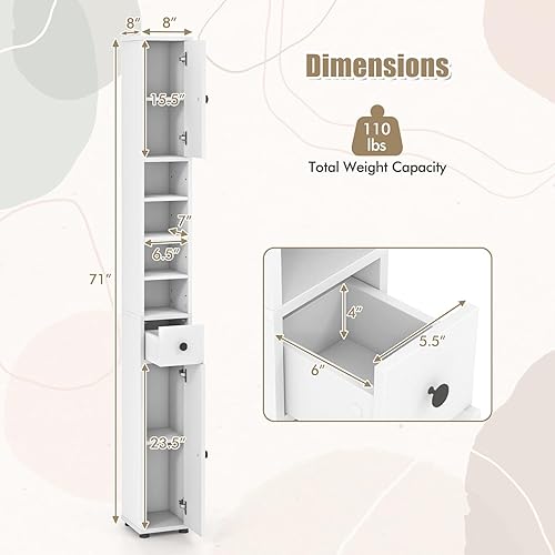 Miniatura 3 de Giantex Armario de Almacenamiento Delgado para Baño - Gabinete de Piso Alto y Estrecho de 71" con 2 Puertas, 5 Estantes Ajustables, 1 Cajón,