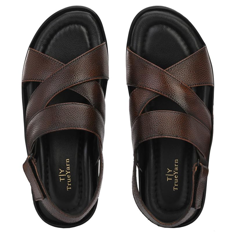 TrueYarn Mens Genuine Leather Sandals | Sandals For Men | Comfortable | Cushioned Insole | Durable | Handmade | All Occasion Slippers | UK - 6 (Brown) (B0C74FHKKZ) Amazon Price History, Amazon Price Tracker