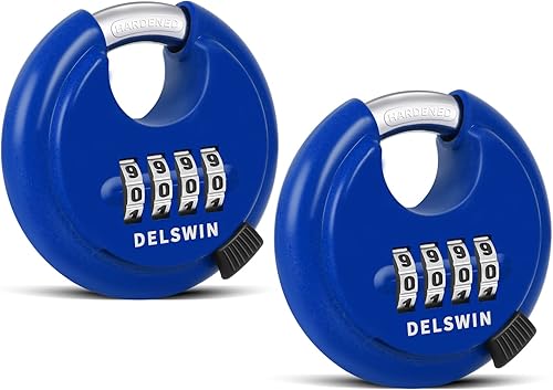 Miniatura 9 de DELSWIN Candado de combinación para exteriores, cerradura de disco resistente de 4 dígitos con grillete endurecido, candado combinado para puerta,