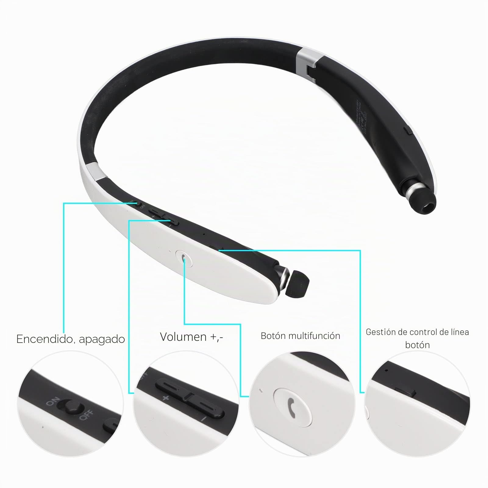 Auriculares Bluetooth 5.0 con Banda para El Cuello, Cancelación de Ruido CVC, Micrófono HD, Subwoofer Estéreo, Auriculares Retráctiles Plegables, Llamadas Claras y Estables para Viajes(Blanco)