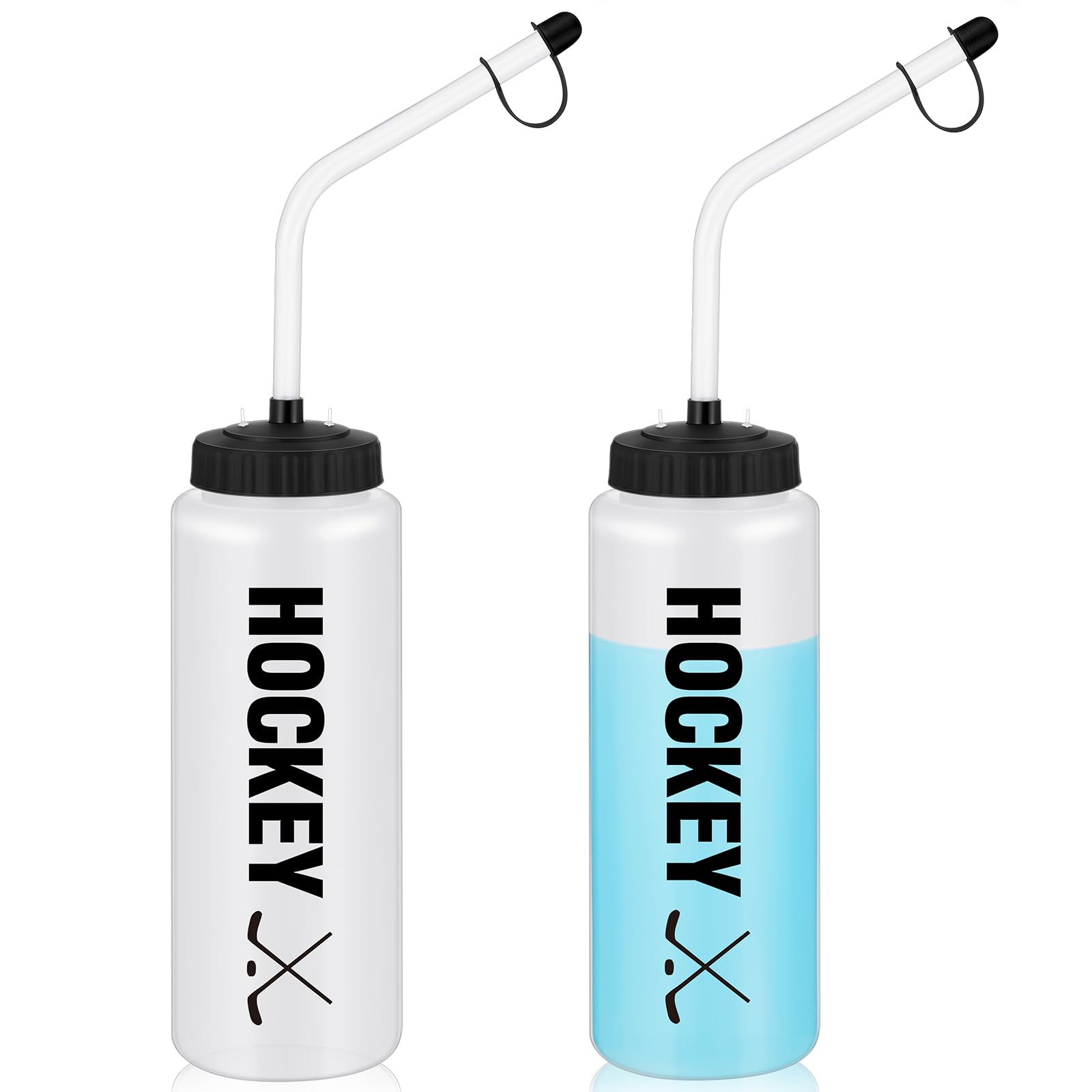 Domensi Sport-Trinkflasche mit langem Strohhalm, Hockey-Lacrosse-Trinkflasche, 1 l, einfach zu drücken, Kunststoff, Verwendung mit Sporthelm im Fußball, Baseball, 2 Stück (reines Schwarz, bedruckt)