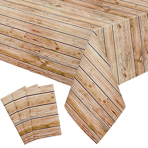 VGMANNTA 3 Packs Wood Grain Tablecloths Wood Print Table Covers, Rustic Disposable Rectangular Table Cloth Plastic Tablecover for Rustic Wedding Baby Shower Cowboy Party Decoration