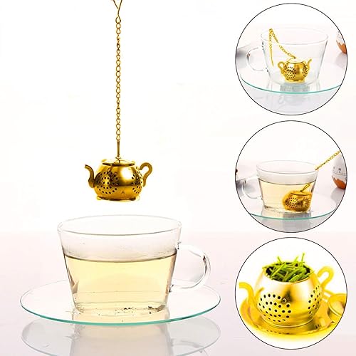 Miniatura 5 de Juego de 4 bolas infusoras de té de hojas sueltas de acero inoxidable con cadena y bandejas de goteo, filtro de té para taza y taza (dorado)