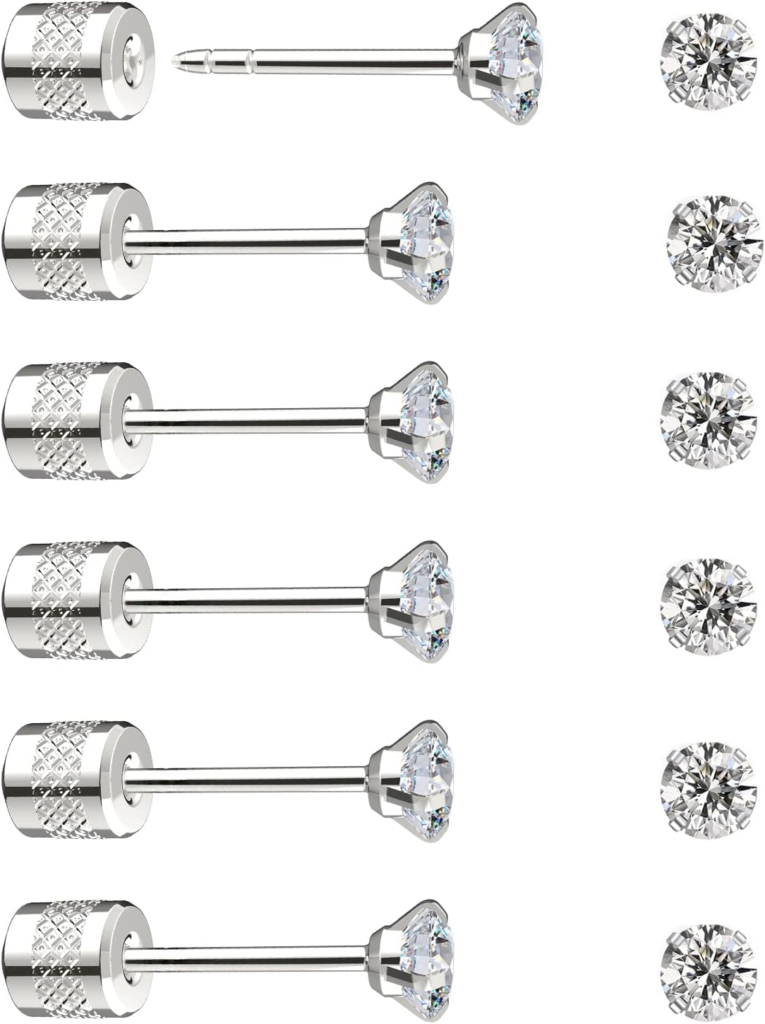 Threadless Flat Back Stud Earrings, 6 Pairs Titanium Hypoallergenic Earrings for Women Men, Cubic Zirconia Silver Gold Stud Earrings Surgical Stainless Steel Stud Earring Set for Cartilage 2-8mm