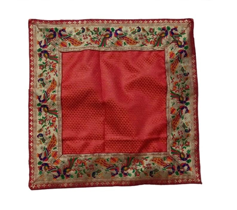 Banarasi Silk Pooja Aasan Mat with Traditional Paithani Border | Decorative Prayer Mat for Home Temple, Mandir, Chowki & Festival Puja Size 16 x16inch (Red)-image-43