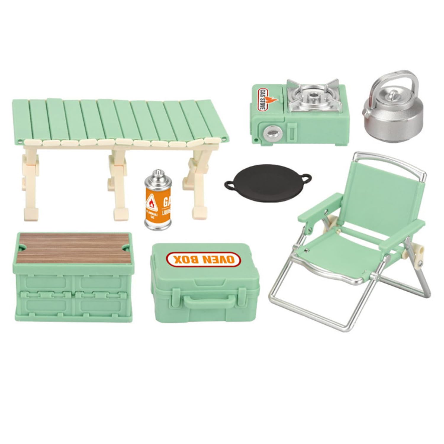 Set di 8 mini mobili da campeggio, in miniatura, set di mini tavoli da campeggio, sedie pieghevoli, fornello a gas, padella, contenitore per picnic, esterni, piccolo set da giardino