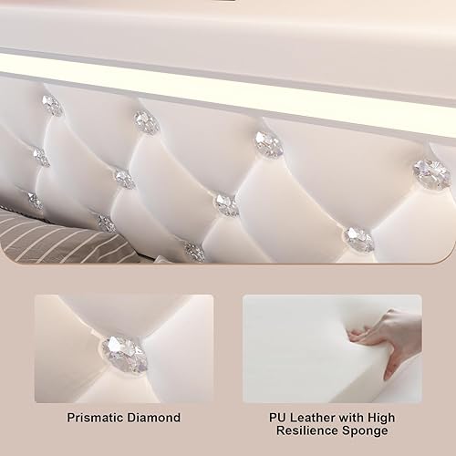 Miniatura 7 de Benevika Base de cama tamaño Queen con 4 cajones y cabecera LED ajustable, plataforma tapizada de piel sintética con estación de carga, soporte de