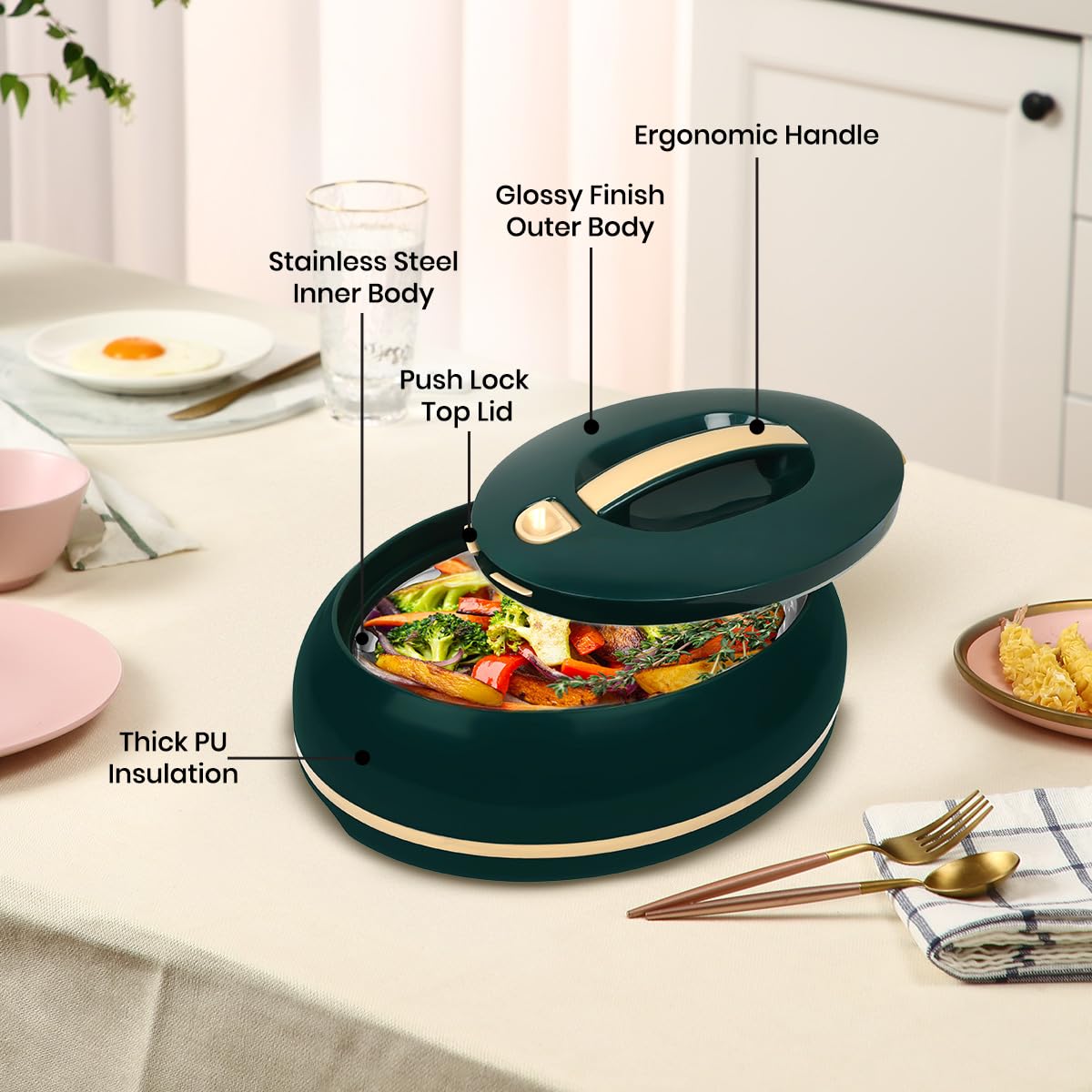 Elegante casseruola ovale isolata, coperchio aperto con una sola mano, 0,9 l, di lusso, scaldavivande, ciotola termica per buffet/feste, contenitore per alimenti caldi in acciaio inox, pino scuro