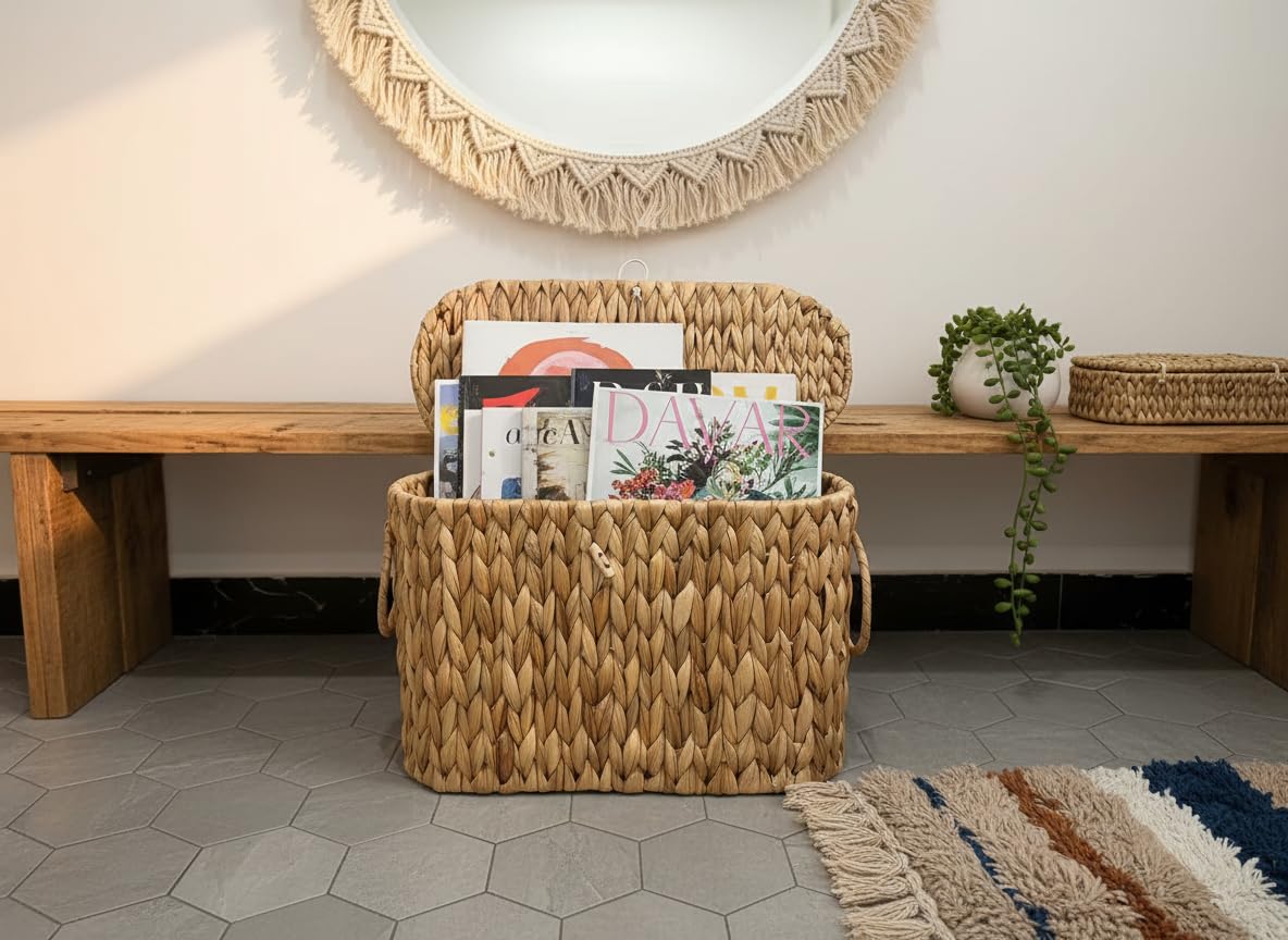 Coeusy Kosz na papier toaletowy - wiklinowy organizer na papier toaletowy z pokrywką, dekoracyjny dom wiejski boho łazienka uchwyt na papier toaletowy, tkany hiacynt organizer na akcesoria łazienkowe,
