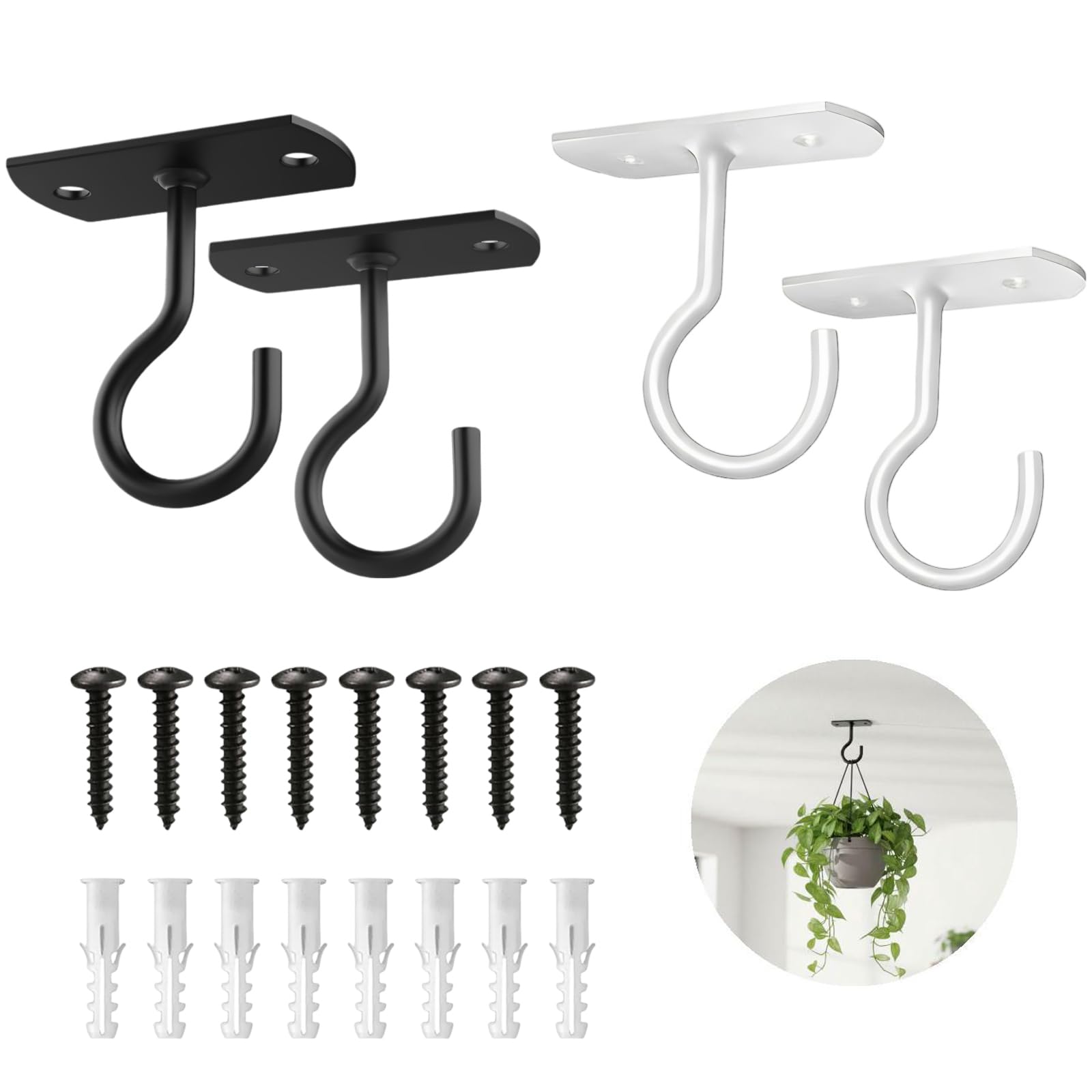 Skdqiee 4 Pcs Ceiling Hooks for Hanging Plants, Heavy Duty Metal Wall Mount Screw-in Hangers, 2.76 in Wall Mounted Plant Hangers, Black and White Ceiling Hooks, Indoor Outdoor Use