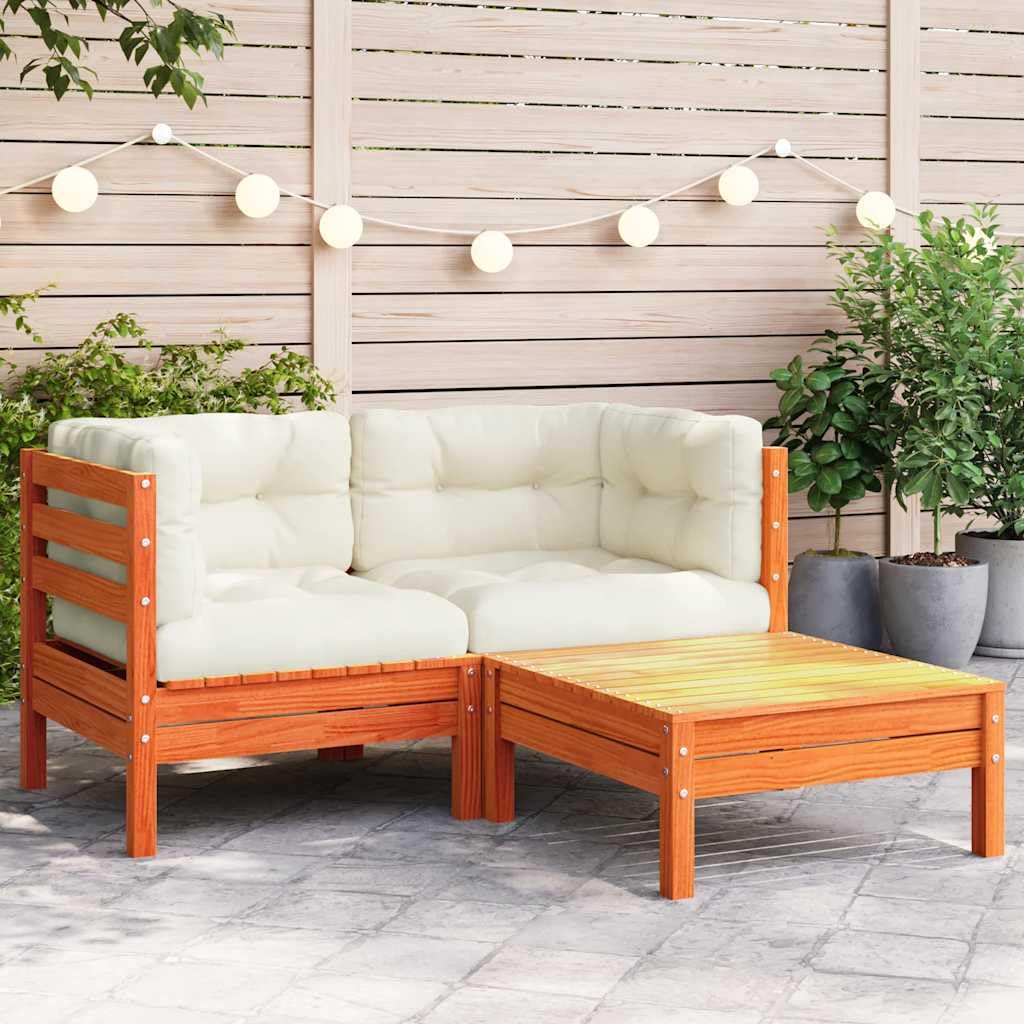 Modular Design 2-Seater Corner Garden Sofa Rectangular Rustic Style Solid Pine Wood with Cream Cushions Outdoor Patio Furniture for Balcony