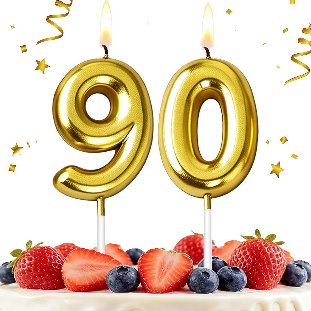 Hlwgfjdy Gold 90Th Birthday Candles Number 90 Cake Topper Happy Birthday Cake Decorations For 90Th Birthday Party, Candles For Birthday Anniversary Celebration Party Supplies