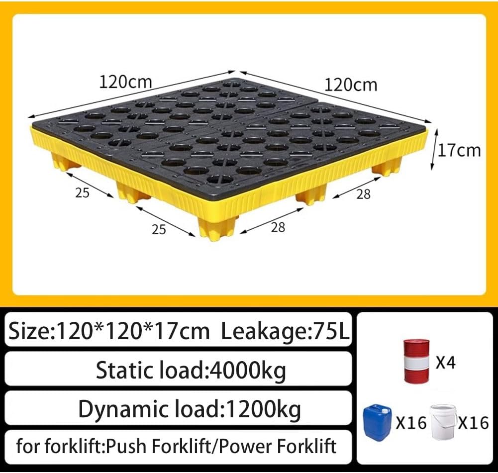 Industrial Spill Containment Platform, Leak Proof Plastic Pallet for Safe Storage of Oil Drums and Chemicals in Laboratories,Yellow-120 * 120 * 17cm